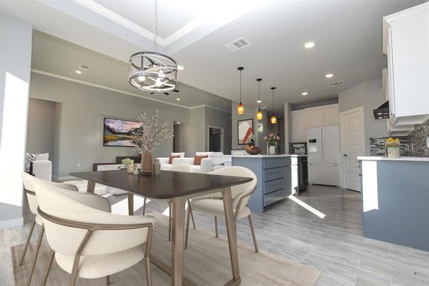 Dining room, Interior, Kitchen, Pendant Lights, Recessed Lighting, Wood Texture Flooring