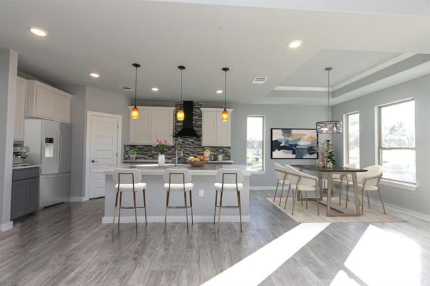Dining room, Interior, Kitchen, Pendant Lights, Recessed Lighting, Wood Texture Flooring