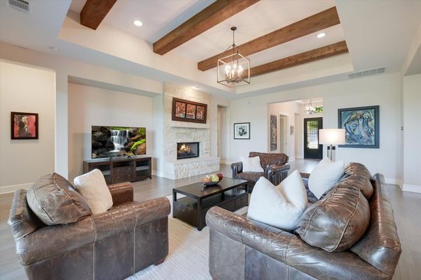 Fireplace, Interior, Living room, Pendant Lights, Recessed Lighting, Wooden Beams, Wood Texture Flooring