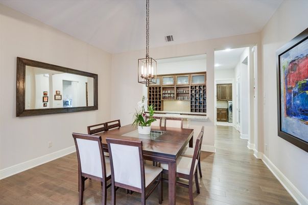 Dining room, Interior, Pendant Lights, Recessed Lighting, Wood Texture Flooring