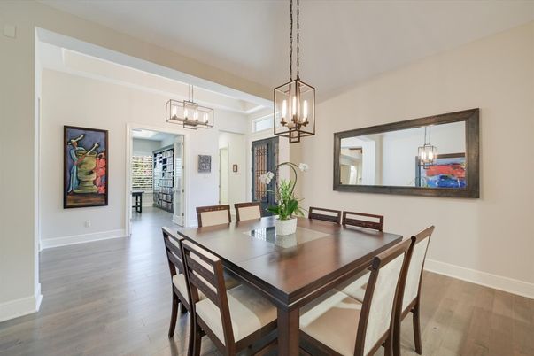 Dining room, Interior, Pendant Lights, Wood Texture Flooring