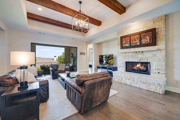 Fireplace, Interior, Living room, Pendant Lights, Recessed Lighting, Wooden Beams, Wood Texture Flooring