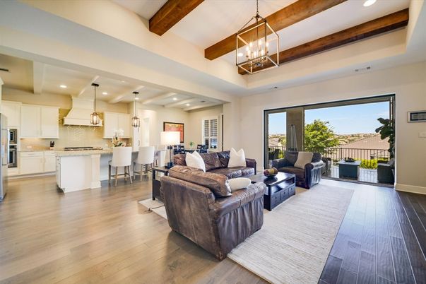 Dining room, Interior, Kitchen, Living room, Pendant Lights, Recessed Lighting, Stainless Steel Appliances, Wooden Beams, Wood Texture Flooring