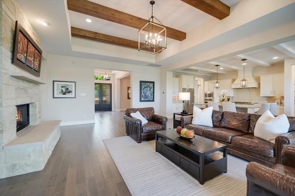 Fireplace, Interior, Kitchen, Living room, Pendant Lights, Recessed Lighting, Stone Walls, Wooden Beams, Wood Texture Flooring