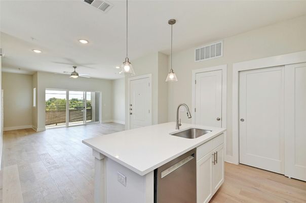 Interior, Kitchen, Pendant Lights, Recessed Lighting, Wood Texture Flooring