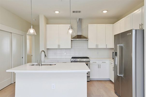 Interior, Kitchen, Pendant Lights, Recessed Lighting, Stainless Steel Appliances, Wood Texture Flooring