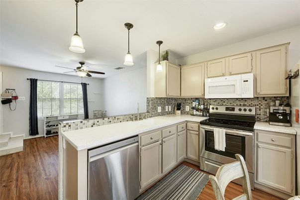 Interior, Kitchen, Pendant Lights, Recessed Lighting, Stainless Steel Appliances, Wood Texture Flooring