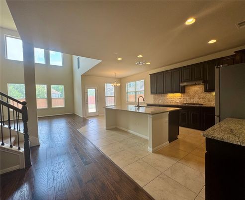 Chandelier, Interior, Kitchen, Recessed Lighting, Wood Texture Flooring