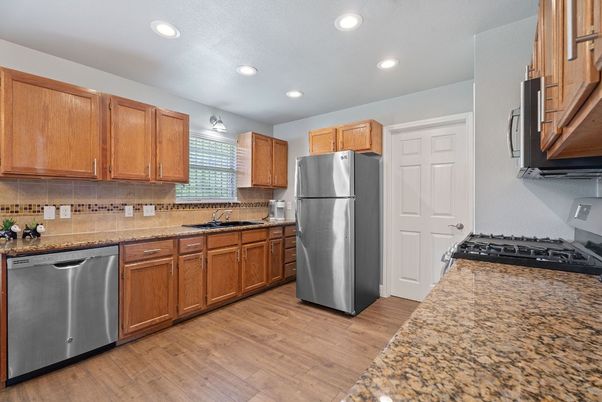 Interior, Kitchen, Recessed Lighting, Stainless Steel Appliances, Wood Texture Flooring