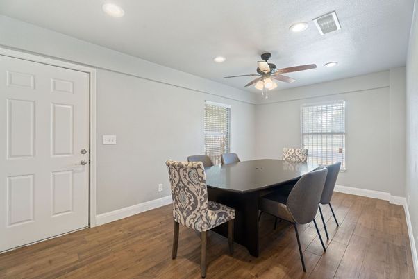 Dining room, Interior, Recessed Lighting, Wood Texture Flooring