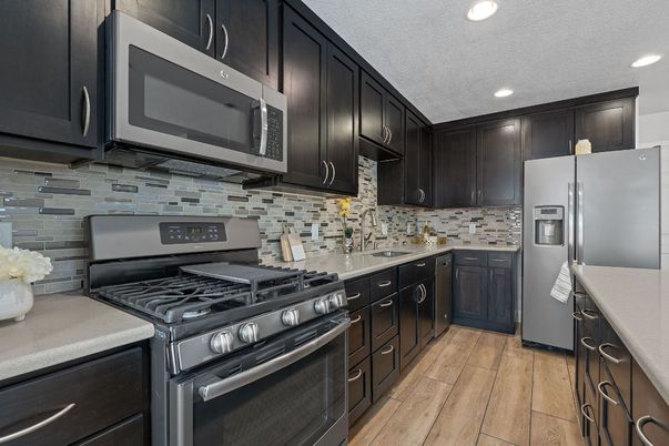 Interior, Kitchen, Recessed Lighting, Stainless Steel Appliances, Wood Texture Flooring