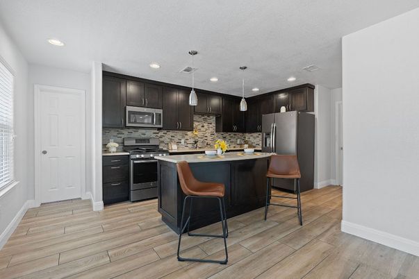 Interior, Kitchen, Pendant Lights, Recessed Lighting, Stainless Steel Appliances, Wood Texture Flooring