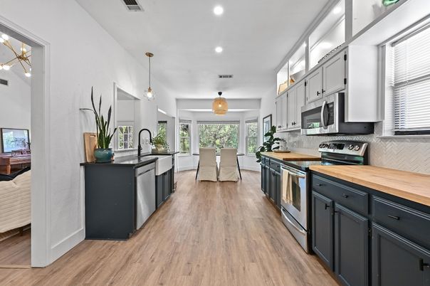 Interior, Kitchen, Pendant Lights, Recessed Lighting, Stainless Steel Appliances, Wood Texture Flooring