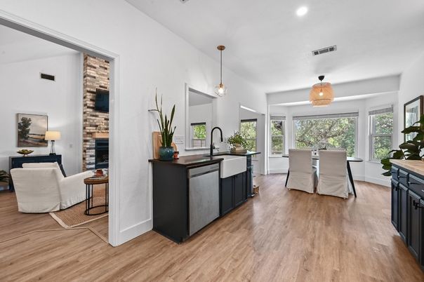 Fireplace, Interior, Kitchen, Living room, Pendant Lights, Recessed Lighting, Wood Texture Flooring