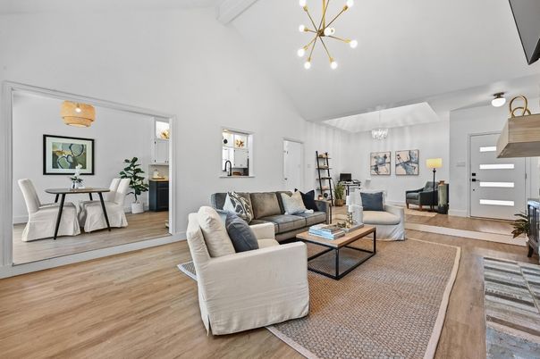 Dining room, Interior, Living room, Pendant Lights, Wood Texture Flooring