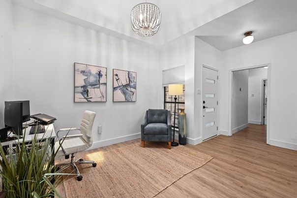 Chandelier, Home Office, Interior, Pendant Lights, Wood Texture Flooring