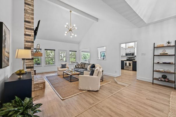 Interior, Kitchen, Living room, Pendant Lights, Stainless Steel Appliances, Wood Texture Flooring