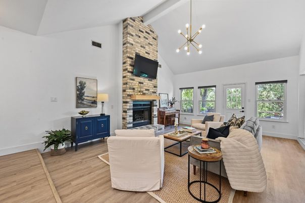 Fireplace, Interior, Living room, Pendant Lights, Wood Texture Flooring