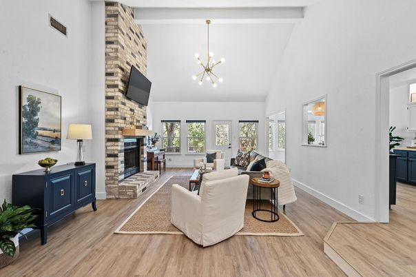 Fireplace, Interior, Living room, Pendant Lights, Wood Texture Flooring