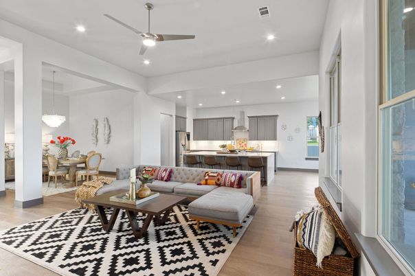 Chandelier, Dining room, Interior, Kitchen, Living room, Pendant Lights, Recessed Lighting, Stainless Steel Appliances, Wood Texture Flooring