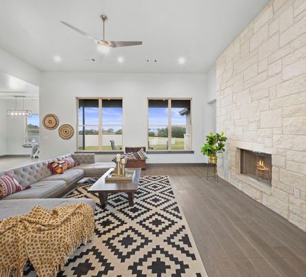 Fireplace, Interior, Living room, Pendant Lights, Stone Walls, Wood Texture Flooring