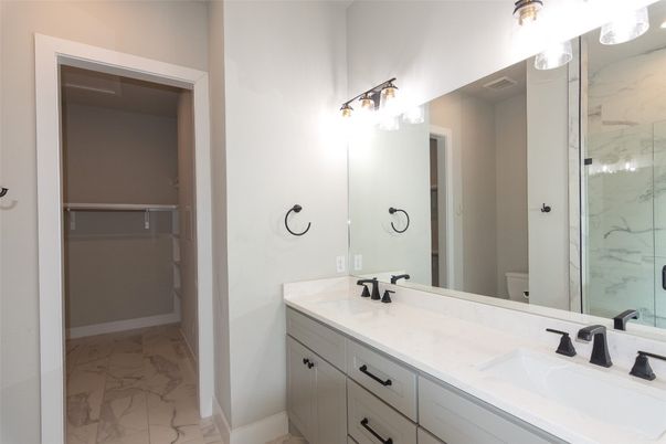 Bathroom, Dual Sink Vanities, Glass Shower, Interior, Marble, Marble Walls