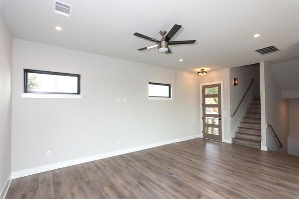 Empty room, Interior, Recessed Lighting, Wood Texture Flooring