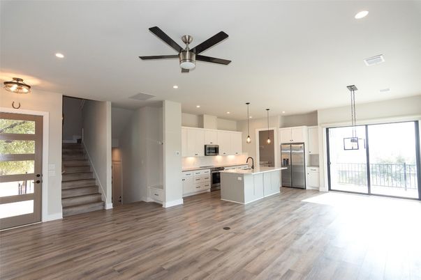 Interior, Kitchen, Pendant Lights, Recessed Lighting, Stainless Steel Appliances, Wood Texture Flooring