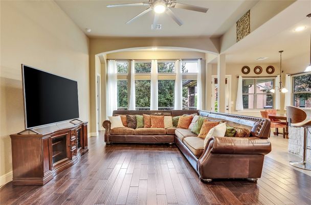 Dining room, Interior, Living room, Pendant Lights, Recessed Lighting, Wood Texture Flooring