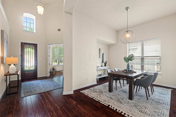 Dining room, Interior, Pendant Lights, Wood Texture Flooring