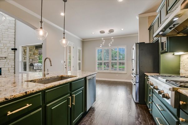 Interior, Kitchen, Pendant Lights, Recessed Lighting, Stone Walls, Wood Texture Flooring