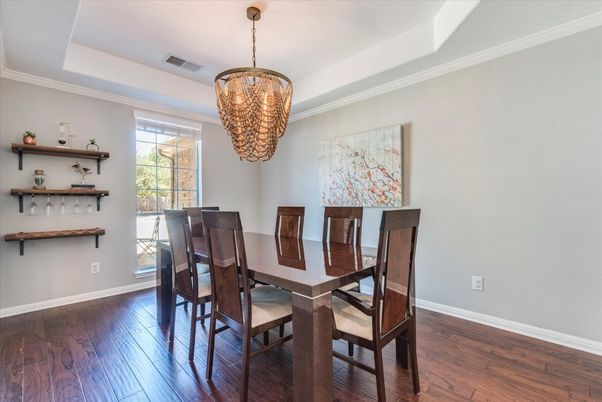 Chandelier, Dining room, Interior, Wood Texture Flooring