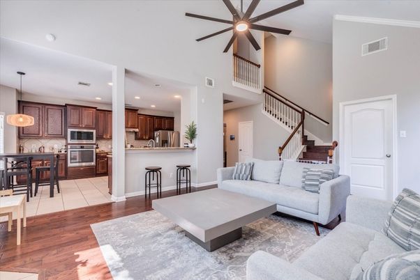 Interior, Kitchen, Living room, Pendant Lights, Recessed Lighting, Stainless Steel Appliances, Wood Texture Flooring