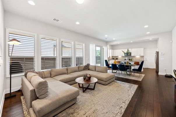 Dining room, Interior, Kitchen, Living room, Recessed Lighting, Stainless Steel Appliances, Wood Texture Flooring