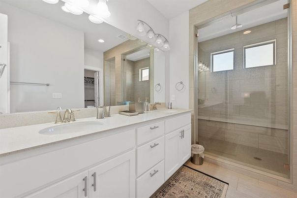 Bathroom, Dual Sink Vanities, Glass Shower, Interior, Recessed Lighting