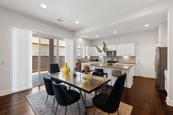 Dining room, Interior, Kitchen, Recessed Lighting, Stainless Steel Appliances, Wood Texture Flooring