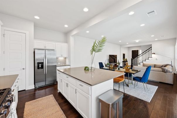 Dining room, Interior, Kitchen, Living room, Recessed Lighting, Stainless Steel Appliances, Wood Texture Flooring