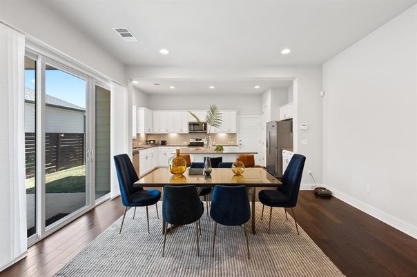 Dining room, Interior, Kitchen, Recessed Lighting, Stainless Steel Appliances, Wood Texture Flooring