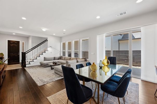 Dining room, Interior, Living room, Recessed Lighting, Wood Texture Flooring