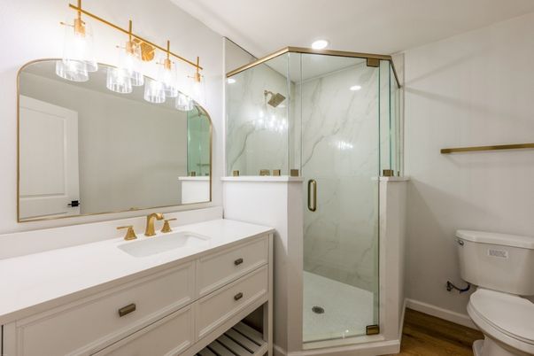 Bathroom, Glass Shower, Interior, Marble Walls, Recessed Lighting, Wood Texture Flooring