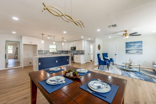 Dining room, Interior, Kitchen, Living room, Pendant Lights, Recessed Lighting, Wood Texture Flooring