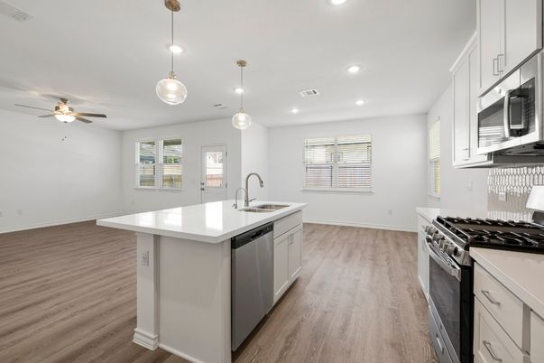 Interior, Kitchen, Pendant Lights, Recessed Lighting, Stainless Steel Appliances, Wood Texture Flooring