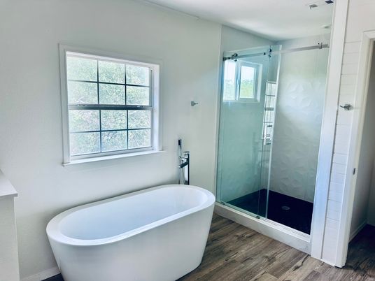 Bathroom, Free Standing Baths, Glass Shower, Interior, Wood Texture Flooring