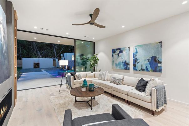Fireplace, Interior, Living room, Recessed Lighting, Wood Texture Flooring