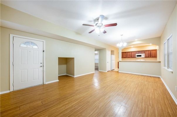 Chandelier, Empty room, Interior, Kitchen, Recessed Lighting, Wood Texture Flooring