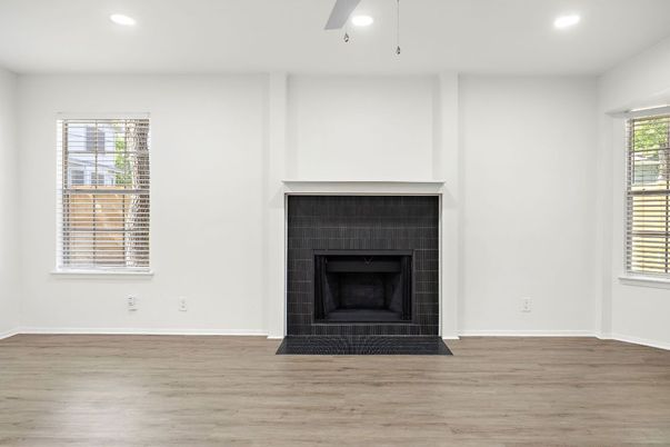 Empty room, Fireplace, Interior, Recessed Lighting, Wood Texture Flooring