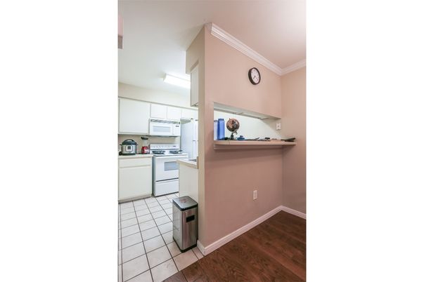 Interior, Kitchen, Tile Countertops, Wood Texture Flooring