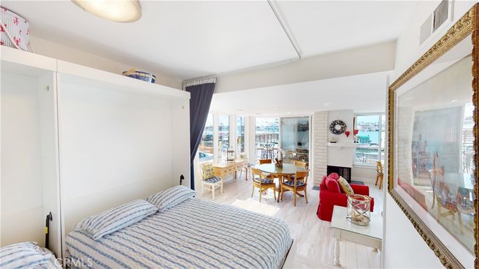 Bedroom, Dining room, Fireplace, Interior, Recessed Lighting, Wood Texture Flooring