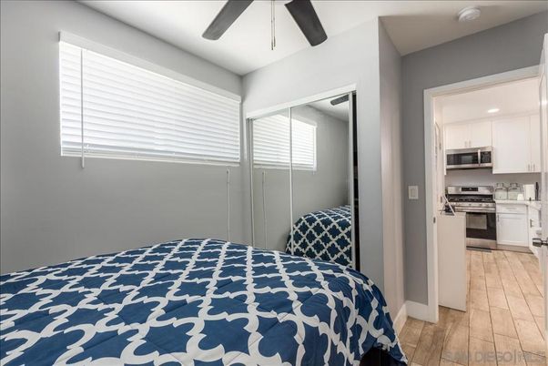Bedroom, Interior, Kitchen, Recessed Lighting, Stainless Steel Appliances, Wood Texture Flooring