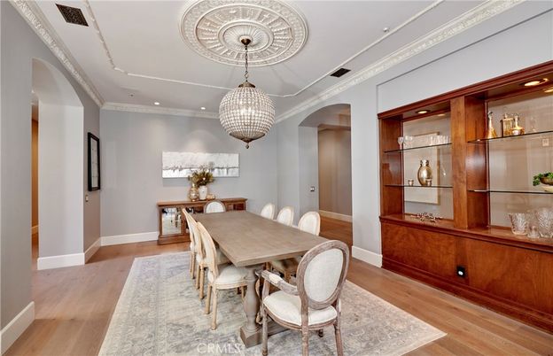 Dining room, Interior, Pendant Lights, Recessed Lighting, Wood Texture Flooring